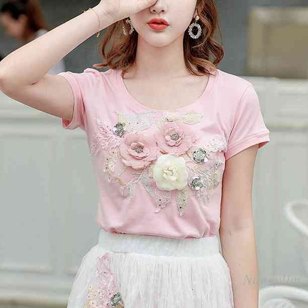 t shirt three-dimensional embroidered flower sequined short sleeve cotton t-shirt women, White
t shirt three-dimensional embroidered flower sequined short sleeve cotton t-shirt women, White