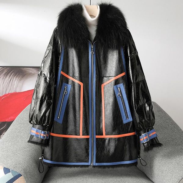 women's fur & faux 2021 winter genuine leather real coat with big raccoon collar slim style thick warm double faced, Black
women's fur & faux 2021 winter genuine leather real coat with big raccoon collar slim style thick warm double faced, Black