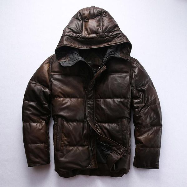 men's leather & faux hooded 2021 down jacket winter genuine coat men vintage camouflage brown causal sheepskin male, Black
men's leather & faux hooded 2021 down jacket winter genuine coat men vintage camouflage brown causal sheepskin male, Black