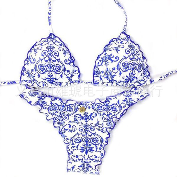 and blue white swimsuit porcelain digital printing split bikini, White;black 
and blue white swimsuit porcelain digital printing split bikini, White;black