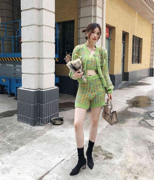 design clothing three piece suit autumn winter new bright silk splicing loose knit cardigan suspender sweater shorts, White
design clothing three piece suit autumn winter new bright silk splicing loose knit cardigan suspender sweater shorts, White