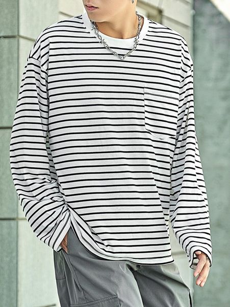 men striped patched pocket drop shoulder tee j6wi#, White;black 
men striped patched pocket drop shoulder tee j6wi#, White;black