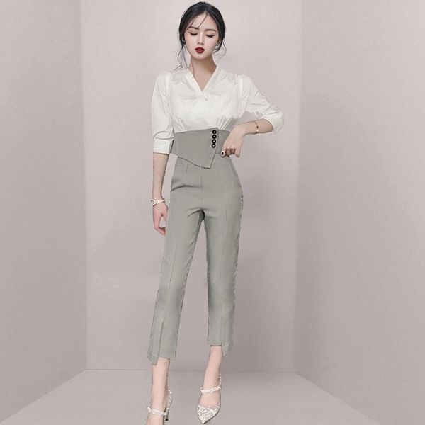summer office ol 2 piece pants set elegant women plaid hit color white shirt + high waist split pencil pant suit women's tracksuits, Gray
summer office ol 2 piece pants set elegant women plaid hit color white shirt + high waist split pencil pant suit women's tracksuits, Gray