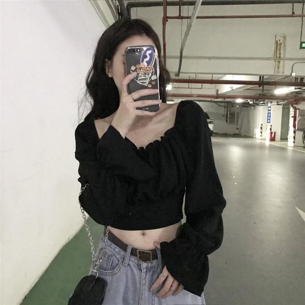 women's t-shirt french style off-shoulder short gothic black women retro long sleeve shirt spring autumn korean, White
women's t-shirt french style off-shoulder short gothic black women retro long sleeve shirt spring autumn korean, White