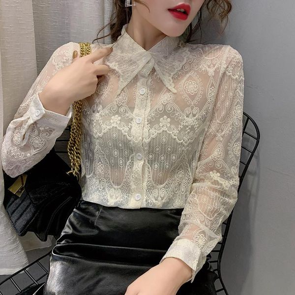 women's blouses & shirts autumn hollow out lace spring lapel collar full sleeve elegant transparent and embroidery ladies top, White
women's blouses & shirts autumn hollow out lace spring lapel collar full sleeve elegant transparent and embroidery ladies top, White