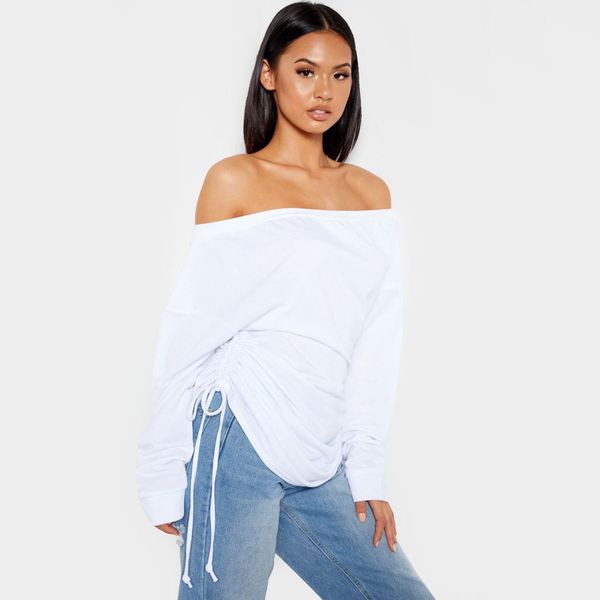 2021 new long sleeve off shoulder drawstring t-shirt autumn winter women's wear, White
2021 new long sleeve off shoulder drawstring t-shirt autumn winter women's wear, White