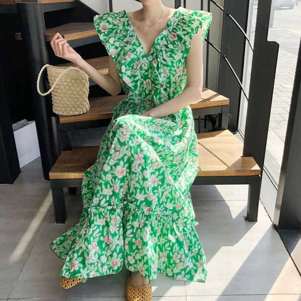 green v neck ruffled flying sleeve floral dress women retro back lace up hollow out contrast patchwork summer beach korean 210610, Black;gray
green v neck ruffled flying sleeve floral dress women retro back lace up hollow out contrast patchwork summer beach korean 210610, Black;gray