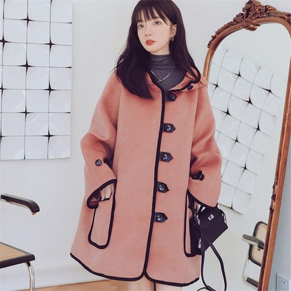 women's wool & blends autumn and winter women college style high-level horns buckle coat retro contrast color loose hooded jacket, Black
women's wool & blends autumn and winter women college style high-level horns buckle coat retro contrast color loose hooded jacket, Black