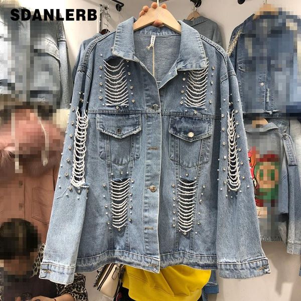 women's jackets 2021 spring korean-style hand-made pearl bead ripped distressed loose-fit jacket casual jean coat, Black;brown
women's jackets 2021 spring korean-style hand-made pearl bead ripped distressed loose-fit jacket casual jean coat, Black;brown