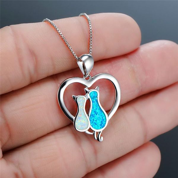 pendant necklaces blue white fire opal double cat for women gold animal jewelry wedding engagement necklace couple gifts, Silver
pendant necklaces blue white fire opal double cat for women gold animal jewelry wedding engagement necklace couple gifts, Silver