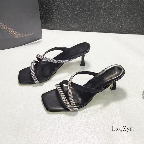 women slippers summer inlaid with diamonds genuine leather 6cm high heels fashion street style loafer, Black
women slippers summer inlaid with diamonds genuine leather 6cm high heels fashion street style loafer, Black