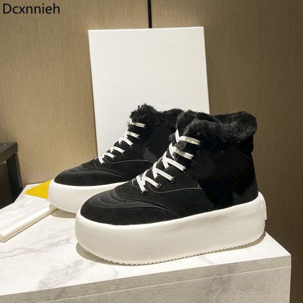 boots winter high thick sole real wool snow women suede plush lining lace up patchwork ankle botas flat warm platform shoes, Black