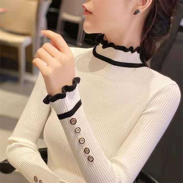 lucyever autumn winter women's sweaters fashion button ruffles high collar ladies sweater inner wear slim knitted pullovers 211007, White;black
lucyever autumn winter women's sweaters fashion button ruffles high collar ladies sweater inner wear slim knitted pullovers 211007, White;black