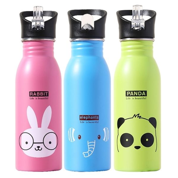 Cute Children Water Bottle Portable Outdoor Stainless Steel s Animal Pattern Cup Cold Drink with Straw 211122