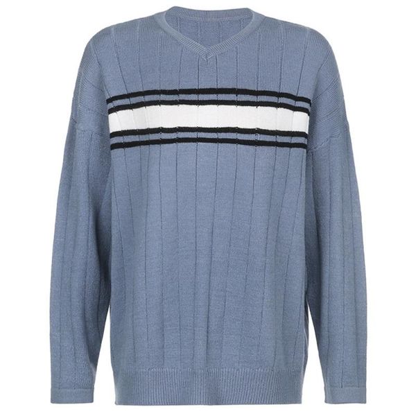 women contrast color striped sweater v-neck long sleeve loose knitted jumper bx0b, White;black
women contrast color striped sweater v-neck long sleeve loose knitted jumper bx0b, White;black