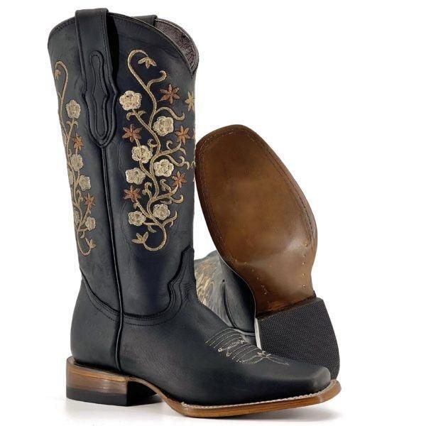 boots women`s brown with flowers embroidered cowhide, Black