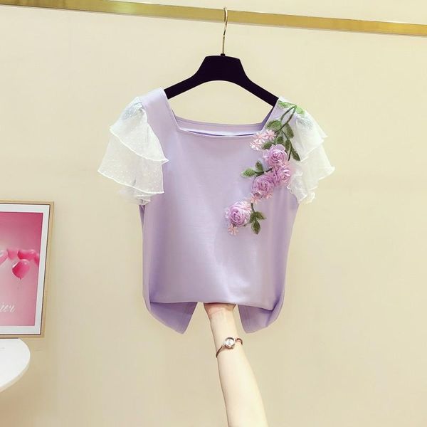 women's t-shirt purple t shirt woman korean mesh lotus leaf sleeve embroidery three-dimensional flower square neck lady crop top, White
women's t-shirt purple t shirt woman korean mesh lotus leaf sleeve embroidery three-dimensional flower square neck lady crop top, White
