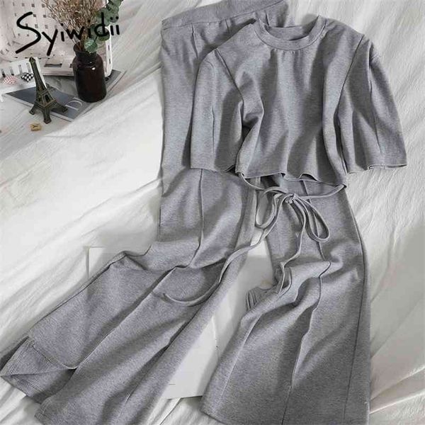 2 piece sets women summer cotton o neck short t shirts with belt and slit wide leg high waist pants black gray 210607, White
2 piece sets women summer cotton o neck short t shirts with belt and slit wide leg high waist pants black gray 210607, White