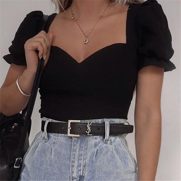women's t-shirt square neck female puff sleeve black wild tee summer streetwear gothic vintage women outfits, White
women's t-shirt square neck female puff sleeve black wild tee summer streetwear gothic vintage women outfits, White