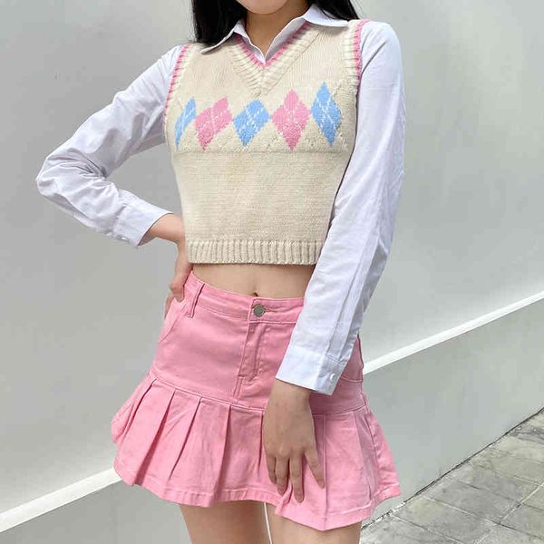 suchcute preppy style argyle plaid sweater vest women y2k v neck cropped knitted vest streetwear autumn 2021 ladies pullover, Black;white
suchcute preppy style argyle plaid sweater vest women y2k v neck cropped knitted vest streetwear autumn 2021 ladies pullover, Black;white