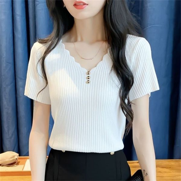 fashion wave v-neck short sleeve slim knitted t-shirt women summer thin basic solid knitwear tees female korean style 210522, White
fashion wave v-neck short sleeve slim knitted t-shirt women summer thin basic solid knitwear tees female korean style 210522, White