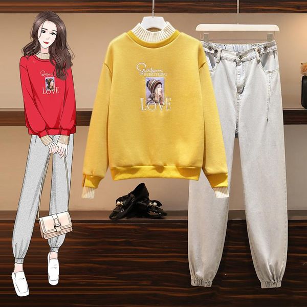 women's two piece pants autumn suit women 2 set 2021 winter korean plus velvet thick embroidered pullover hoodie and little feet jeans, White
women's two piece pants autumn suit women 2 set 2021 winter korean plus velvet thick embroidered pullover hoodie and little feet jeans, White