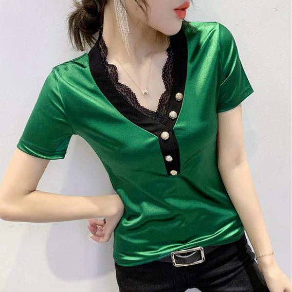 women's t-shirt summer casual lace stitching buttons short sleeve v-neck 2021 women t shirt plus size, White
women's t-shirt summer casual lace stitching buttons short sleeve v-neck 2021 women t shirt plus size, White