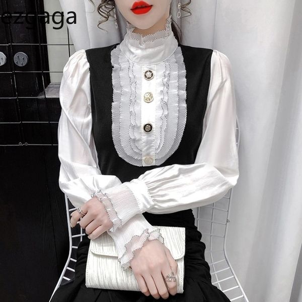 ezgaga vintage long sleeve blouse women flare sleeve ruffled stand collar korean fashion contrast all-match button ladies shirts 210430, White
ezgaga vintage long sleeve blouse women flare sleeve ruffled stand collar korean fashion contrast all-match button ladies shirts 210430, White