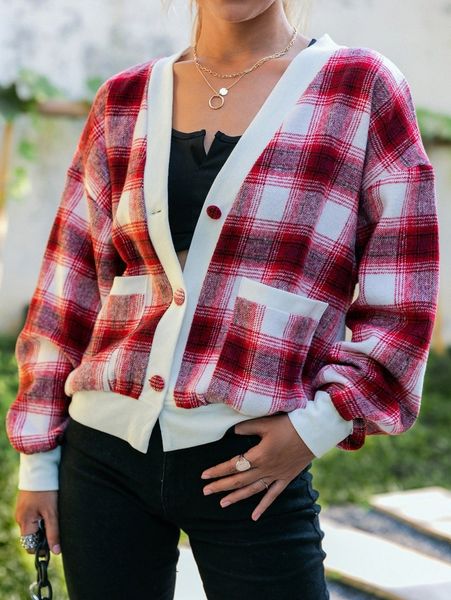 simplee plaid dual pocket drop shoulder contrast trim overcoat b4t2#, Black
simplee plaid dual pocket drop shoulder contrast trim overcoat b4t2#, Black