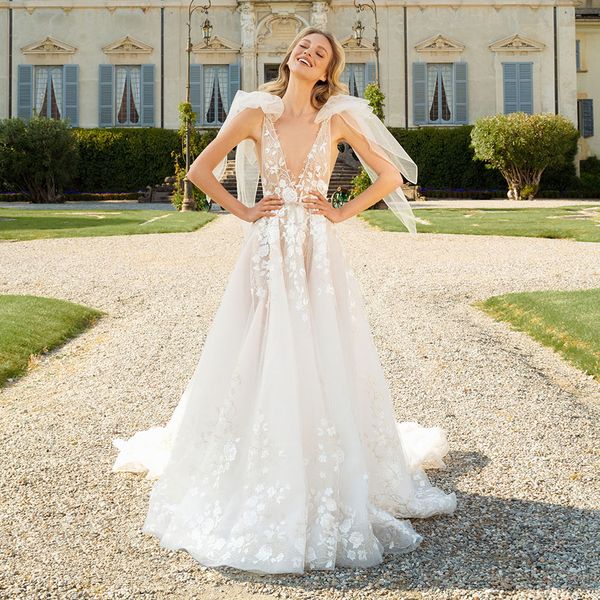 berta lace backless wedding dresses deep v neck bridal gowns appliqued beach a line sweep train tulle vestido de novia, White
berta lace backless wedding dresses deep v neck bridal gowns appliqued beach a line sweep train tulle vestido de novia, White