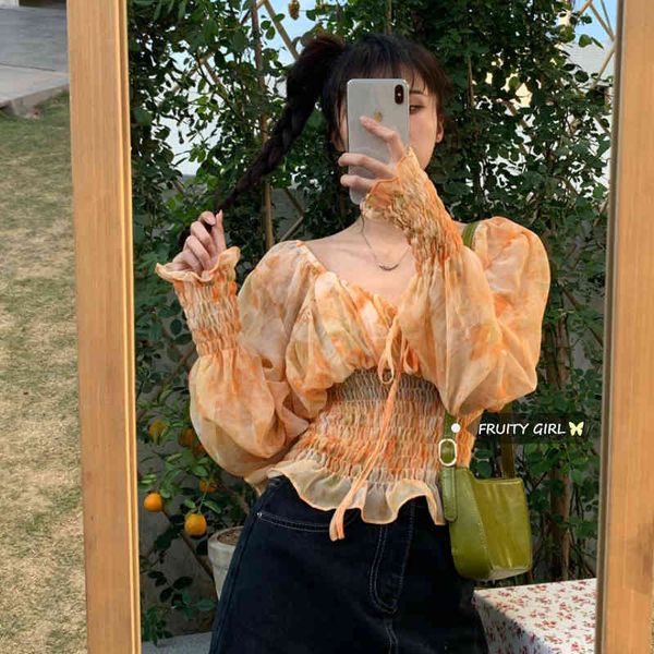 chic korean retro tie-dye contrast pullover shirts slim v neck puff long sleeve floral print chiffon blouse blusas mujer 210429, White 
chic korean retro tie-dye contrast pullover shirts slim v neck puff long sleeve floral print chiffon blouse blusas mujer 210429, White