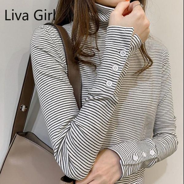 women's t-shirt women striped shirt autumn spring slim cotton t-shirts casual turtleneck button split long sleeve t bottoming camisas, White
women's t-shirt women striped shirt autumn spring slim cotton t-shirts casual turtleneck button split long sleeve t bottoming camisas, White