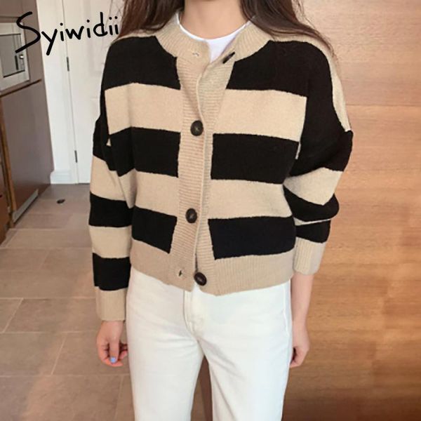 women's knits & tees syiwidii vintage striped woman sweater cardigan fall 2021 fashion knitted single breasted o neck jackets long sle, White
women's knits & tees syiwidii vintage striped woman sweater cardigan fall 2021 fashion knitted single breasted o neck jackets long sle, White