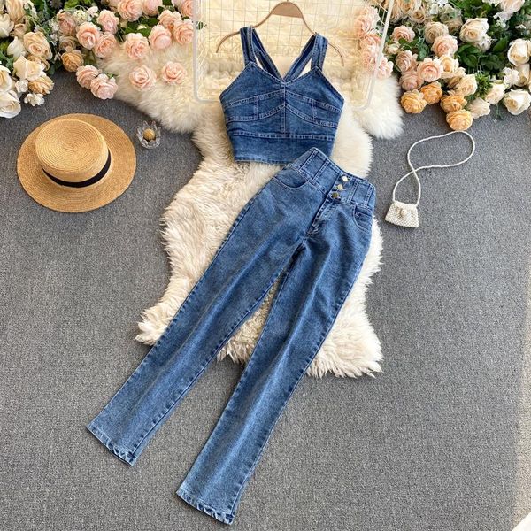 women's two piece pants singreiny women summer korean retro denim set sleeveless backless short strap +high waist long suits, White
women's two piece pants singreiny women summer korean retro denim set sleeveless backless short strap +high waist long suits, White