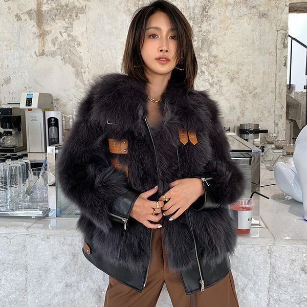 women's fur & faux 2021 style real coat short jacket and sheepskin lapel locomotive streetwear leather lining with zipper, Black
women's fur & faux 2021 style real coat short jacket and sheepskin lapel locomotive streetwear leather lining with zipper, Black