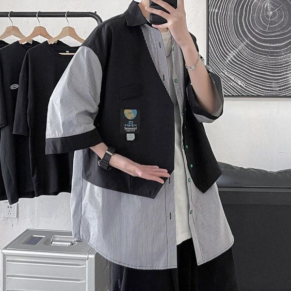 men's casual shirts 2021 summer men patchwork loose male striped hip hop clothes korean style oversized, White;black
men's casual shirts 2021 summer men patchwork loose male striped hip hop clothes korean style oversized, White;black