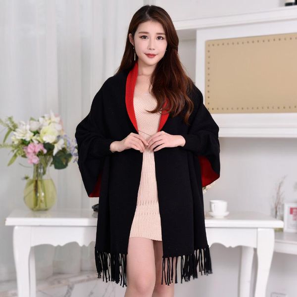 scarves autumn winter women poncho faux cashmere reversible shawl wrap with sleeves ladies warm thick tassel stole black ponchos capes, Blue;gray
scarves autumn winter women poncho faux cashmere reversible shawl wrap with sleeves ladies warm thick tassel stole black ponchos capes, Blue;gray