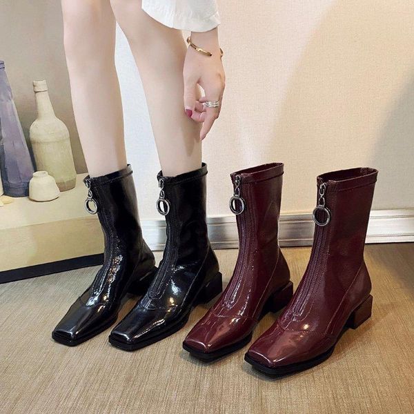 boots fashion winter women black patent leather square toe high block heel ankle casual lady front zipper shoes
boots fashion winter women black patent leather square toe high block heel ankle casual lady front zipper shoes