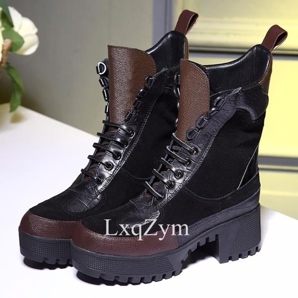 boots fashion lace up women's genuine leather mixed color booties thick platform high heels round toe ankle, Black
boots fashion lace up women's genuine leather mixed color booties thick platform high heels round toe ankle, Black