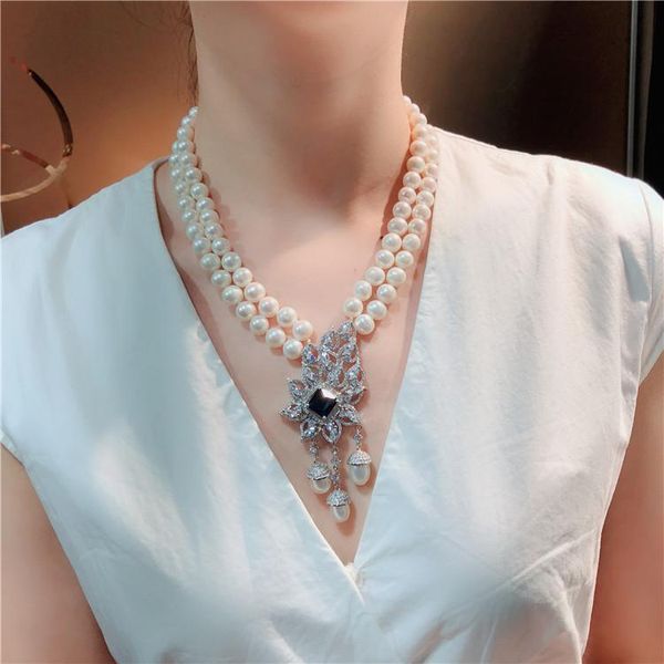 chains hand knotted simple noble 2strands 8-9mm white freshwater pearl micro inlay zircon accessories pendant necklace 45-48cm, Silver
chains hand knotted simple noble 2strands 8-9mm white freshwater pearl micro inlay zircon accessories pendant necklace 45-48cm, Silver