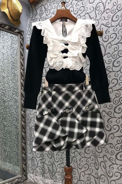 sweater plaid contrast color skirt two-piece suit womens clothing autumn european and american new slimming 9k, Black;gray 
sweater plaid contrast color skirt two-piece suit womens clothing autumn european and american new slimming 9k, Black;gray