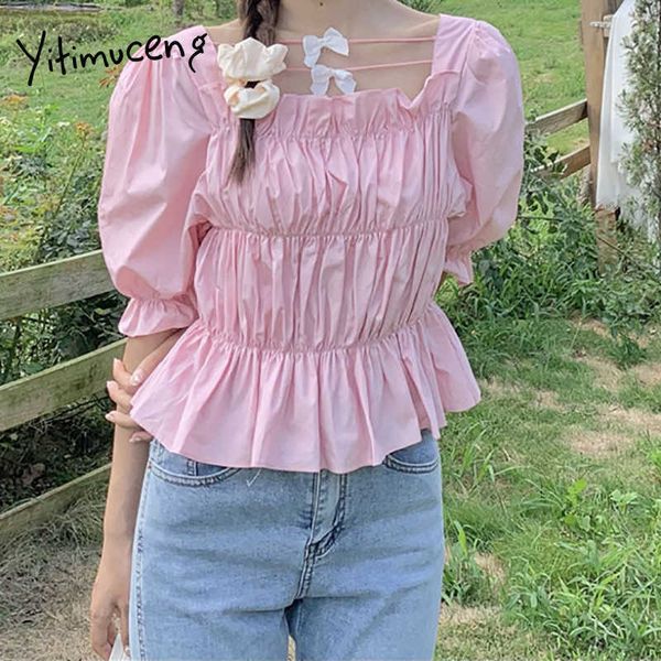 yitimuceng folds blouse women straight bow shirts korean fashion short puff sleeve square collar white pink summer 210601
yitimuceng folds blouse women straight bow shirts korean fashion short puff sleeve square collar white pink summer 210601