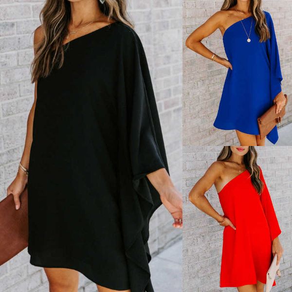 and 2021 spring summer lotus sleeve dress loose temperament one shoulder solid short skirt women's wear, Black
and 2021 spring summer lotus sleeve dress loose temperament one shoulder solid short skirt women's wear, Black