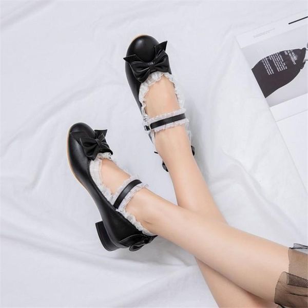dress shoes bow student lace sweet beauty pumps 2021 spring summer lolita single low heel women large size 30-43, Black