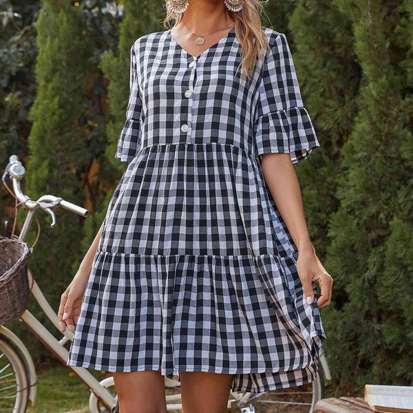lattice plaid printed women dress v neck ruffle anime robe femme sundress a line with short sleeve, Black;gray
lattice plaid printed women dress v neck ruffle anime robe femme sundress a line with short sleeve, Black;gray
