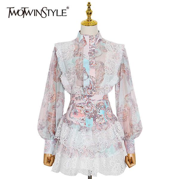 twotwinstyle sweet patchwork lace set for women stand collar long sleeve shirt high waist skirt print sets female fashion 210708, White
