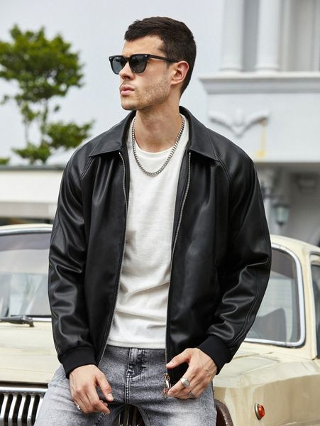 men pu raglan sleeve zip-up jacket v4zi#, Black;brown