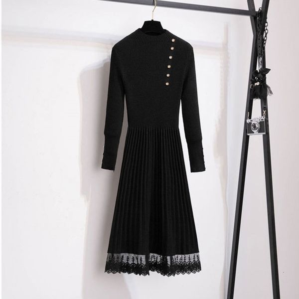 casual dresses women high elasticity sweater autumn winter lace knit lady button slim a line korean plus size 14np, Black;gray