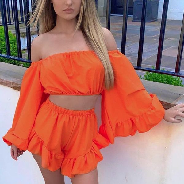 women's tracksuits women two-piece clothes set solid color off-the-shoulder long flared sleeves crop shorts, Gray
women's tracksuits women two-piece clothes set solid color off-the-shoulder long flared sleeves crop shorts, Gray