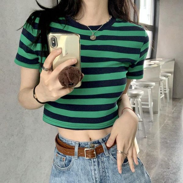 women's t-shirt crop women 2021 chic all-match classic stripe slim short bustier tee casual o-neck sleeved streetwear, White
women's t-shirt crop women 2021 chic all-match classic stripe slim short bustier tee casual o-neck sleeved streetwear, White